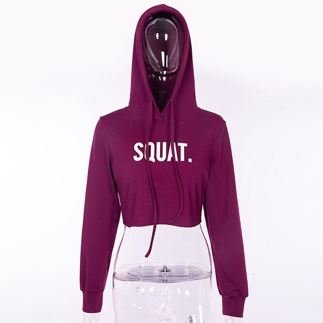 Letter Print SQUAT Hoodies Women Hooded Autumn Crop Tops Cool Streetwear Harajuku Kawaii Pink Pullover Winter Sweatshirts