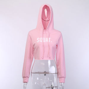 Letter Print SQUAT Hoodies Women Hooded Autumn Crop Tops Cool Streetwear Harajuku Kawaii Pink Pullover Winter Sweatshirts