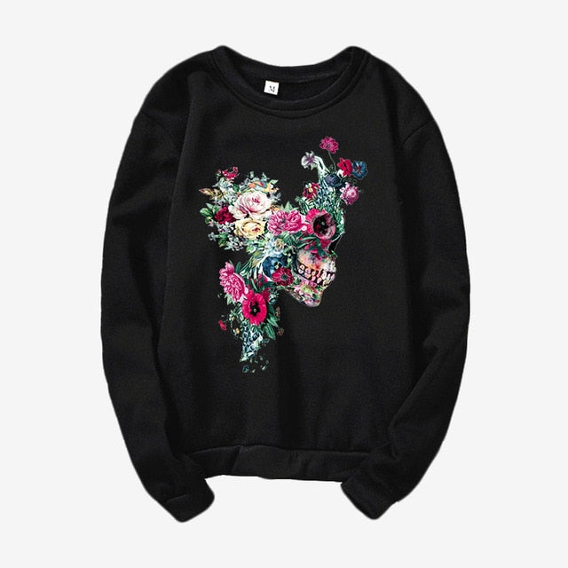 Skull Flower Print Hoodies Women Sweatshirt Round Neck Long Sleeve Loose Hoodie Streetwear 2019 Moletom Sudadera Mujer