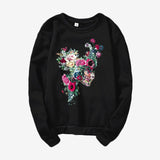Skull Flower Print Hoodies Women Sweatshirt Round Neck Long Sleeve Loose Hoodie Streetwear 2019 Moletom Sudadera Mujer
