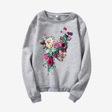 Skull Flower Print Hoodies Women Sweatshirt Round Neck Long Sleeve Loose Hoodie Streetwear 2019 Moletom Sudadera Mujer