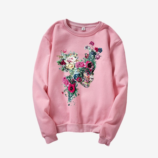 Skull Flower Print Hoodies Women Sweatshirt Round Neck Long Sleeve Loose Hoodie Streetwear 2019 Moletom Sudadera Mujer
