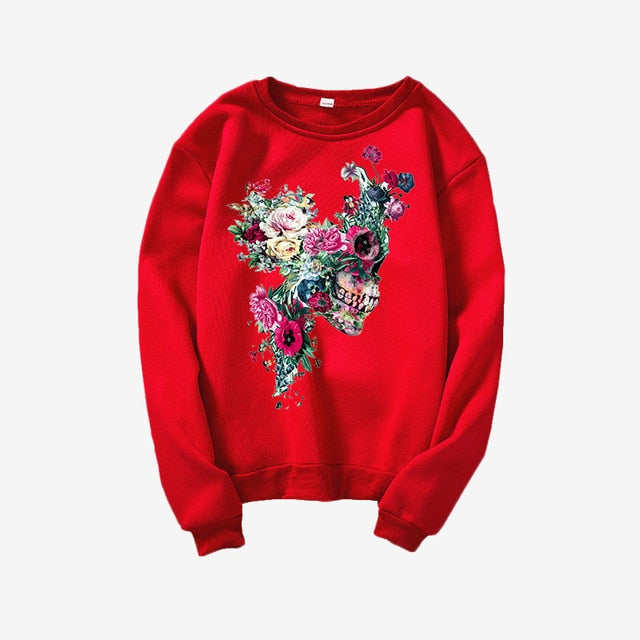 Skull Flower Print Hoodies Women Sweatshirt Round Neck Long Sleeve Loose Hoodie Streetwear 2019 Moletom Sudadera Mujer