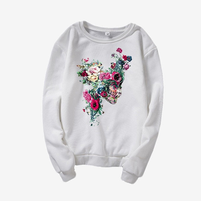 Skull Flower Print Hoodies Women Sweatshirt Round Neck Long Sleeve Loose Hoodie Streetwear 2019 Moletom Sudadera Mujer