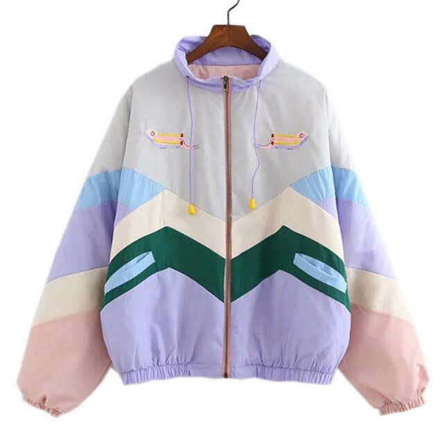 Spliced Jacket Women Coat Casual Zipper Autumn Winter Jackets Female Embroidery Pattern Elastic Cuff Jacket Womens Parka