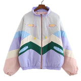 Spliced Jacket Women Coat Casual Zipper Autumn Winter Jackets Female Embroidery Pattern Elastic Cuff Jacket Womens Parka
