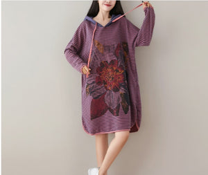 Oversized Knitted cowboy Hooded Sweatshirt Ladies Cute Plus Size Stripe Print jean Pullovers Baggy Bat Sleeve Denim Hoodies Tops