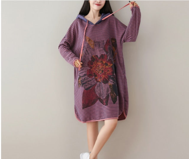 Oversized Knitted cowboy Hooded Sweatshirt Ladies Cute Plus Size Stripe Print jean Pullovers Baggy Bat Sleeve Denim Hoodies Tops