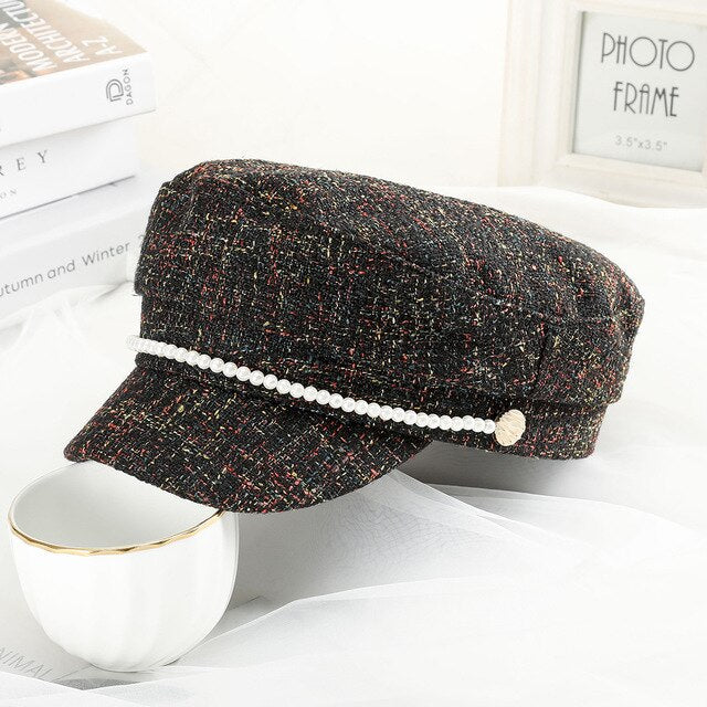 WELROG New Pearl Military Hats Spring Autumn Sailor Women Colors Flat Top Caps Travel Cadet Captain Hat Pearl Buttoning Navy Cap