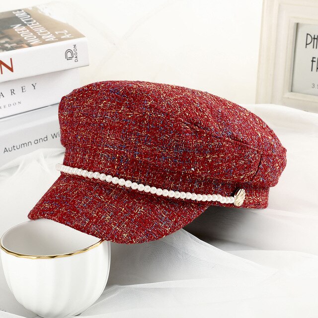 WELROG New Pearl Military Hats Spring Autumn Sailor Women Colors Flat Top Caps Travel Cadet Captain Hat Pearl Buttoning Navy Cap