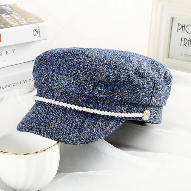 WELROG New Pearl Military Hats Spring Autumn Sailor Women Colors Flat Top Caps Travel Cadet Captain Hat Pearl Buttoning Navy Cap