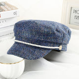 WELROG New Pearl Military Hats Spring Autumn Sailor Women Colors Flat Top Caps Travel Cadet Captain Hat Pearl Buttoning Navy Cap