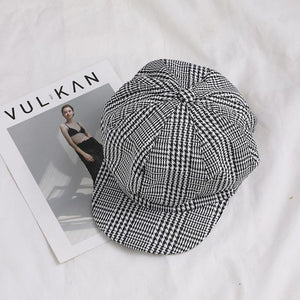 MISSKY emale Art Octagonal Hat Autumn Winter Women Vintage Beret Cap Cabbie Flat Peaked Hat Plaid Beret Retro British Hat