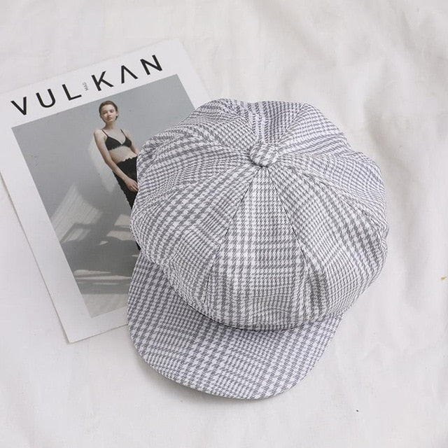 MISSKY emale Art Octagonal Hat Autumn Winter Women Vintage Beret Cap Cabbie Flat Peaked Hat Plaid Beret Retro British Hat