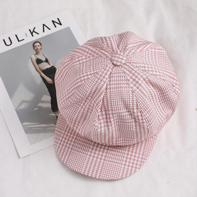 MISSKY emale Art Octagonal Hat Autumn Winter Women Vintage Beret Cap Cabbie Flat Peaked Hat Plaid Beret Retro British Hat