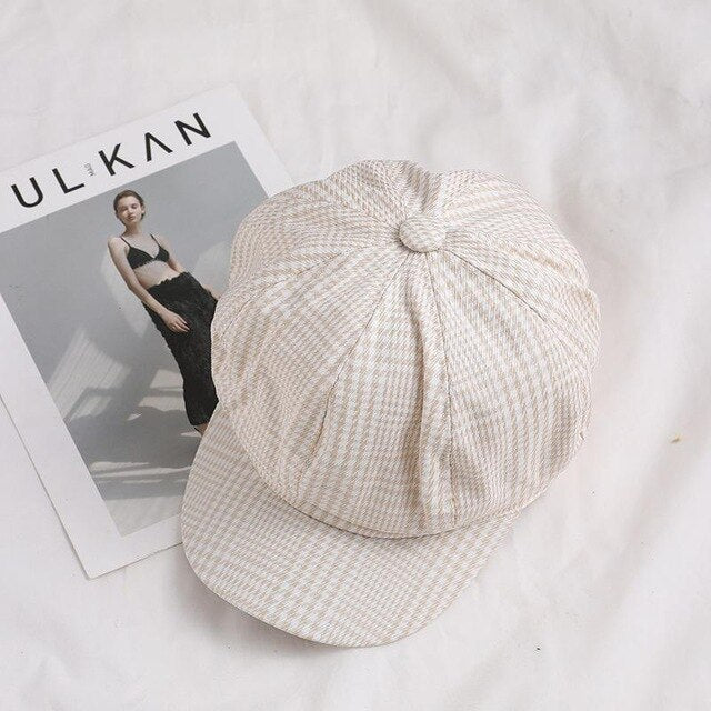MISSKY emale Art Octagonal Hat Autumn Winter Women Vintage Beret Cap Cabbie Flat Peaked Hat Plaid Beret Retro British Hat