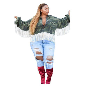 Plus Size Crop Jacket Women Streetwear Camouflage Tassel Jacket Autumn Turn-down Collar Long Sleeve Coat Wholesale Dropshipping