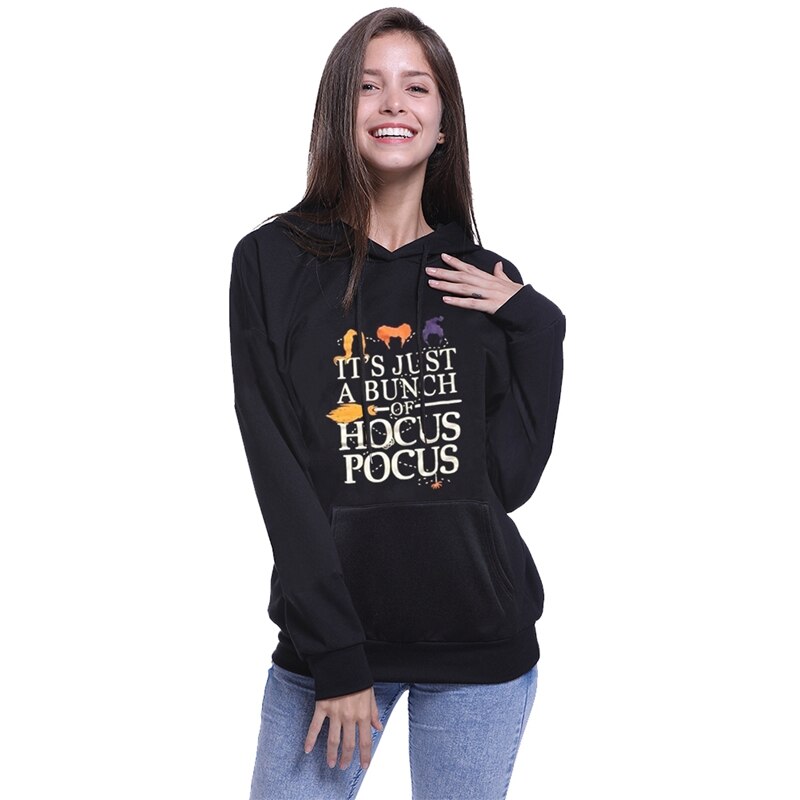Women Casual Hocus Pocus Printed Halloween Hoodies Women Black Long Sleeve Sweatshirt Autumn Winter Pullover Hoodies