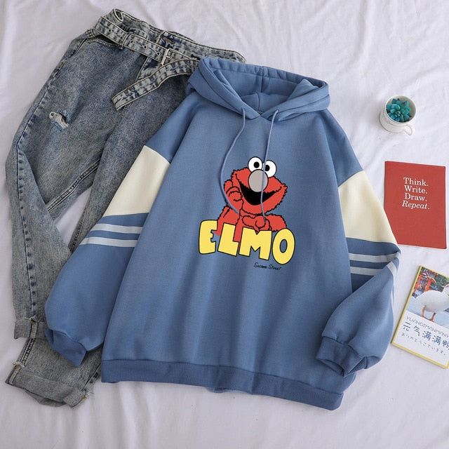Sesame Street Women's Elmo Print Hooded Sweatshirt Casual Hoodies Fleece Top Funny  Autumn Streetwear Solid Female Clothes