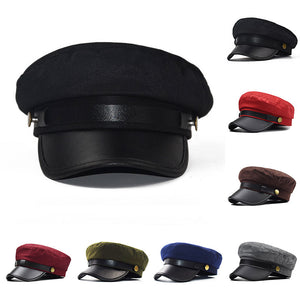 New Black Hat Winter Cap PU leather Octagonal Hats for Women  flat military Button Caps Casual Flat Cap Women Berets Hat gorras