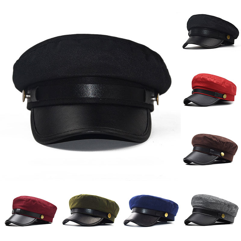 New Black Hat Winter Cap PU leather Octagonal Hats for Women  flat military Button Caps Casual Flat Cap Women Berets Hat gorras