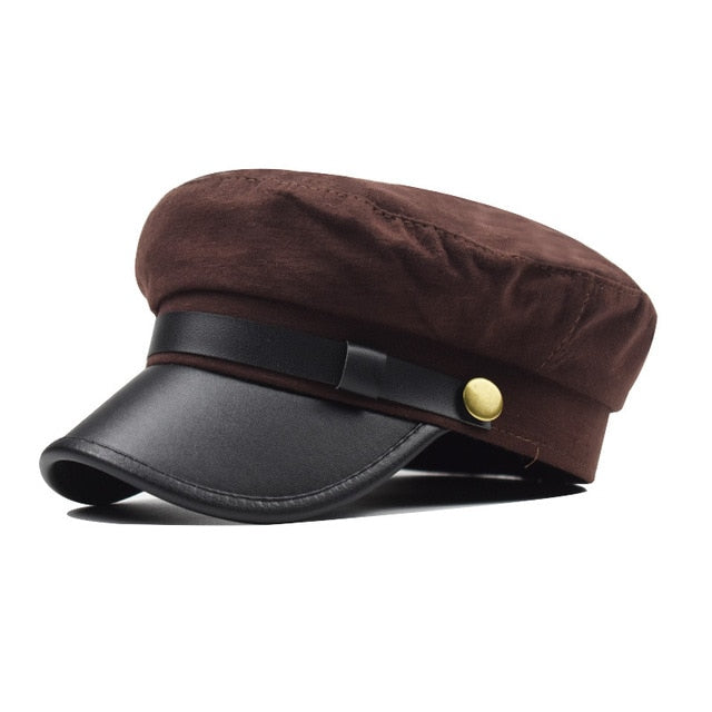 New Black Hat Winter Cap PU leather Octagonal Hats for Women  flat military Button Caps Casual Flat Cap Women Berets Hat gorras
