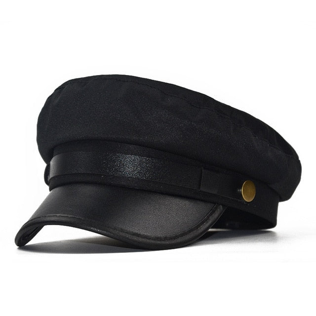New Black Hat Winter Cap PU leather Octagonal Hats for Women  flat military Button Caps Casual Flat Cap Women Berets Hat gorras