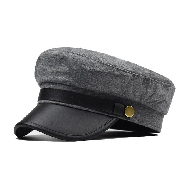 New Black Hat Winter Cap PU leather Octagonal Hats for Women  flat military Button Caps Casual Flat Cap Women Berets Hat gorras