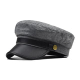 New Black Hat Winter Cap PU leather Octagonal Hats for Women  flat military Button Caps Casual Flat Cap Women Berets Hat gorras