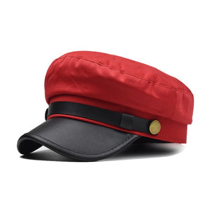 New Black Hat Winter Cap PU leather Octagonal Hats for Women  flat military Button Caps Casual Flat Cap Women Berets Hat gorras