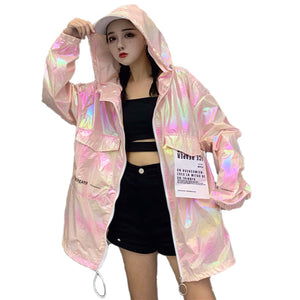 Windbreaker Hooded Silver Jacket Thin Summer Jackets Big Size Long Sleeve Coats loose Brilliant Jacket Women Casual Neon Jacket