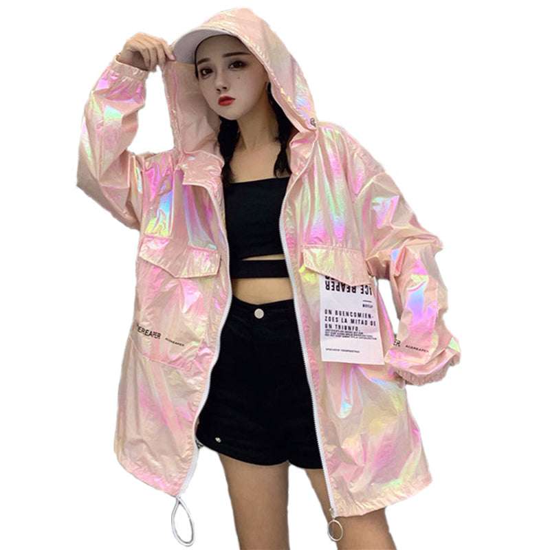 Windbreaker Hooded Silver Jacket Thin Summer Jackets Big Size Long Sleeve Coats loose Brilliant Jacket Women Casual Neon Jacket