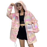 Windbreaker Hooded Silver Jacket Thin Summer Jackets Big Size Long Sleeve Coats loose Brilliant Jacket Women Casual Neon Jacket
