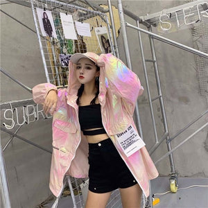 Windbreaker Hooded Silver Jacket Thin Summer Jackets Big Size Long Sleeve Coats loose Brilliant Jacket Women Casual Neon Jacket