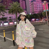 Windbreaker Hooded Silver Jacket Thin Summer Jackets Big Size Long Sleeve Coats loose Brilliant Jacket Women Casual Neon Jacket