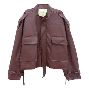 Spring 2020 Leather Bomber Jacket Women Harajuku Solid Pilot Jacket Coat Casual Burgundy Basic Baseball Jackets Outwear jaqueta