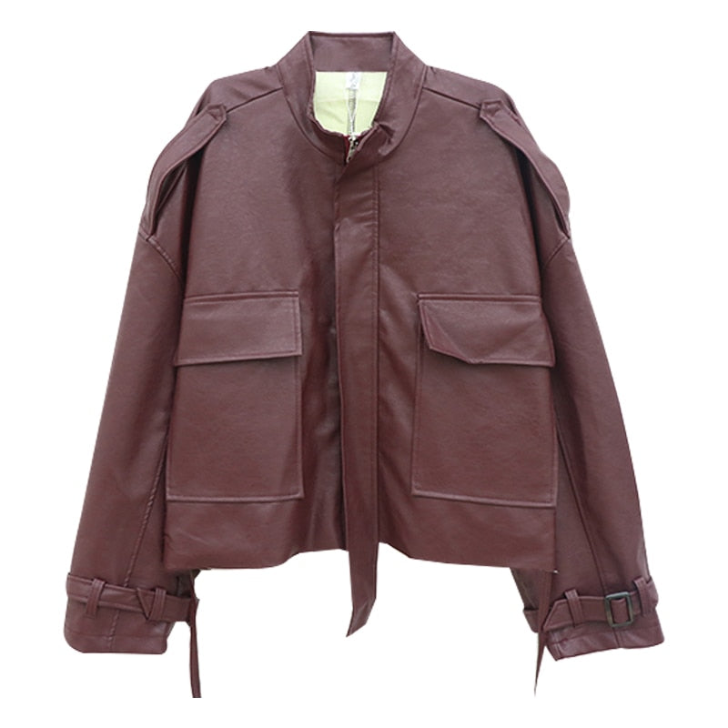 Spring 2020 Leather Bomber Jacket Women Harajuku Solid Pilot Jacket Coat Casual Burgundy Basic Baseball Jackets Outwear jaqueta
