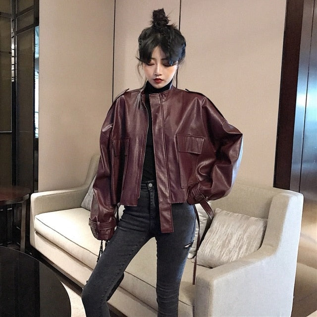 Spring 2020 Leather Bomber Jacket Women Harajuku Solid Pilot Jacket Coat Casual Burgundy Basic Baseball Jackets Outwear jaqueta