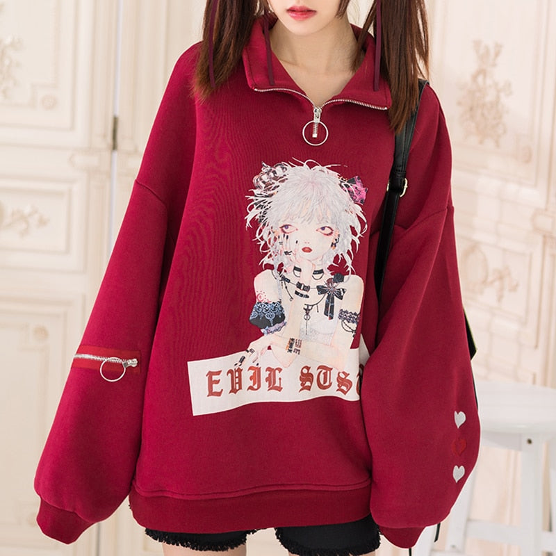 Princess sweet lolita hoodies Autumn and winter original street hand-painted chic stand collar hoodies fashion women LG007