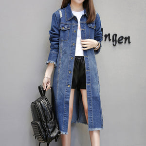 Rlyaeiz 2019 Spring Fashion New Hole Mid-long Denim Jacket Women Autumn Long Sleeve Frayed Jeans Jacket Women chaqueta mujer