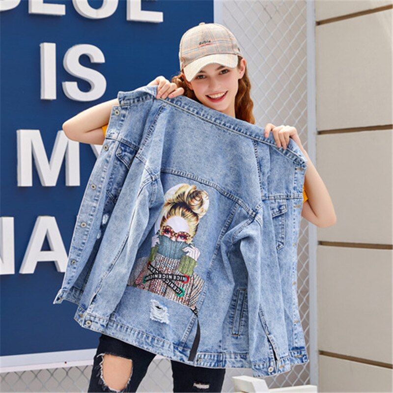 RUGOD mode doux imprimé jean veste femmes décontracté simple boutonnage à manches longues bleu denim manteau vintage déchiré trou veste ample