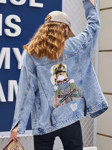 RUGOD mode doux imprimé jean veste femmes décontracté simple boutonnage à manches longues bleu denim manteau vintage déchiré trou veste ample