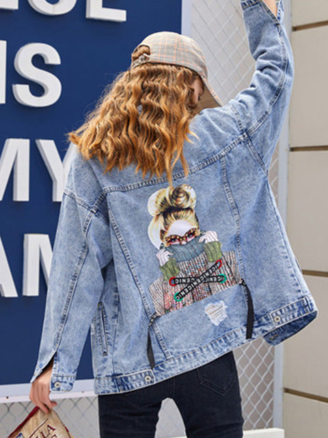 RUGOD mode doux imprimé jean veste femmes décontracté simple boutonnage à manches longues bleu denim manteau vintage déchiré trou veste ample
