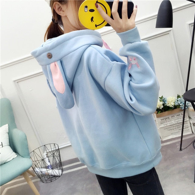 women hoodies harajuku loose embroidery cartoon thick warm women's hoodies long sleeve korean hoodie with ears  sweatshirt pink