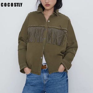 Vintage Stylish Fringe Beaded Loose Denim Jacket Women Fashion Long Sleeve Frayed Trim Ladies za Jacket Outerwear Chaqueta Mujer