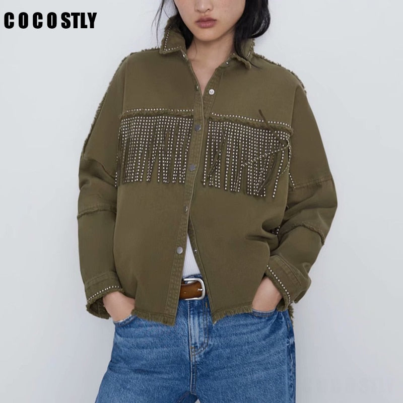 Vintage Stylish Fringe Beaded Loose Denim Jacket Women Fashion Long Sleeve Frayed Trim Ladies za Jacket Outerwear Chaqueta Mujer