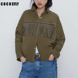 Vintage Stylish Fringe Beaded Loose Denim Jacket Women Fashion Long Sleeve Frayed Trim Ladies za Jacket Outerwear Chaqueta Mujer