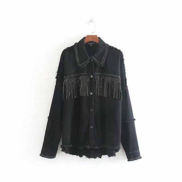Vintage Stylish Fringe Beaded Loose Denim Jacket Women Fashion Long Sleeve Frayed Trim Ladies za Jacket Outerwear Chaqueta Mujer