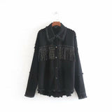 Vintage Stylish Fringe Beaded Loose Denim Jacket Women Fashion Long Sleeve Frayed Trim Ladies za Jacket Outerwear Chaqueta Mujer