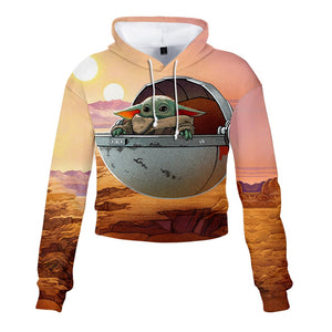 Mandalorian Baby Yoda Crop Top Hoodie Star War Harajuku Cropped Sweatshirt Streetwear Hip Hop Long Sleeves Pullover Tops Cosplay
